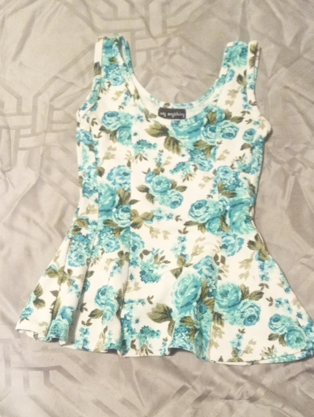 Anything Floral Peplum Tank Top - White with Teal Floral